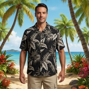 Campia Moda Men's Rayon Hawaiian  Black/Ivory Short Sleeve Button-Up Shirt XL